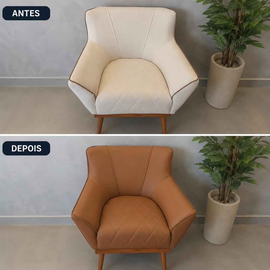 Antes e depois de reforma de poltrona: de revestimento claro gasto para acabamento caramelo com costura matelassê