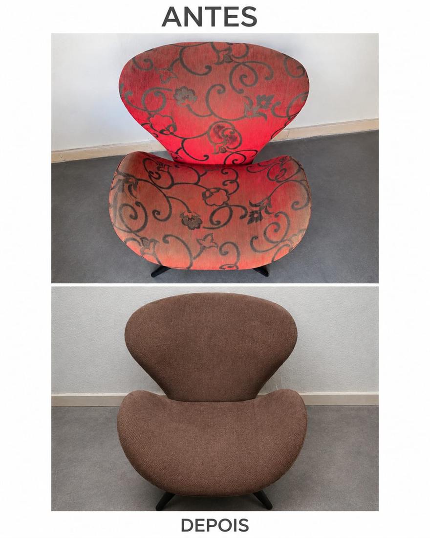Antes e depois de reforma de poltrona: de tecido vermelho estampado desbotado para chenille marrom