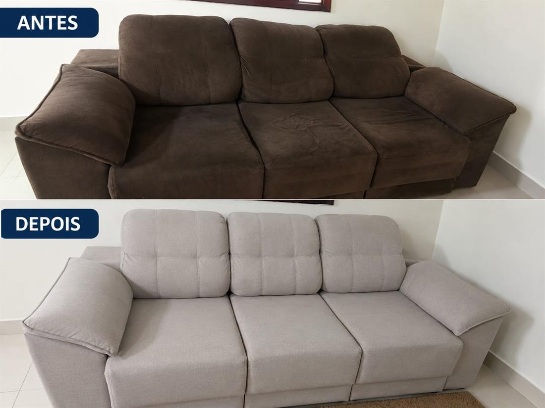 Antes e depois de reforma de sofá retrátil de 3 lugares: de marrom desgastado para tecido bege novo