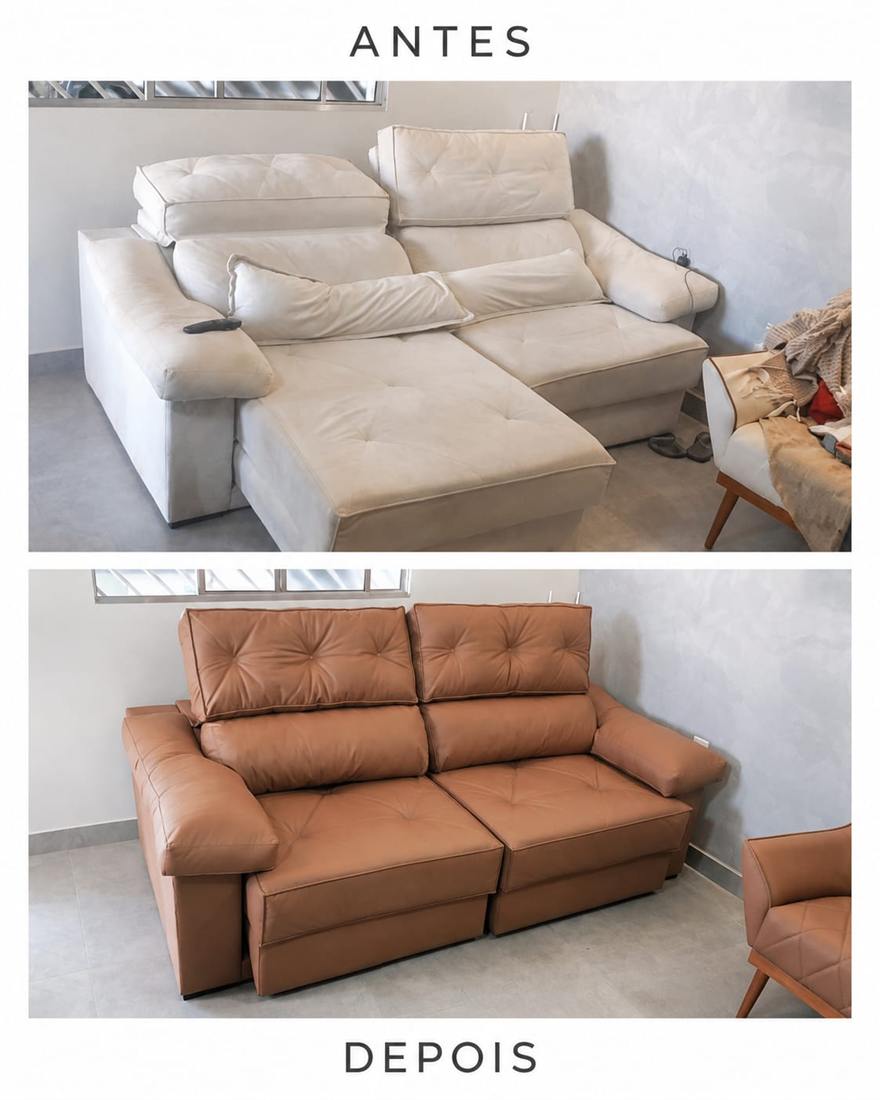 Antes e depois de reforma de sofá retrátil reclinável: de tecido claro encardido para acabamento caramelo