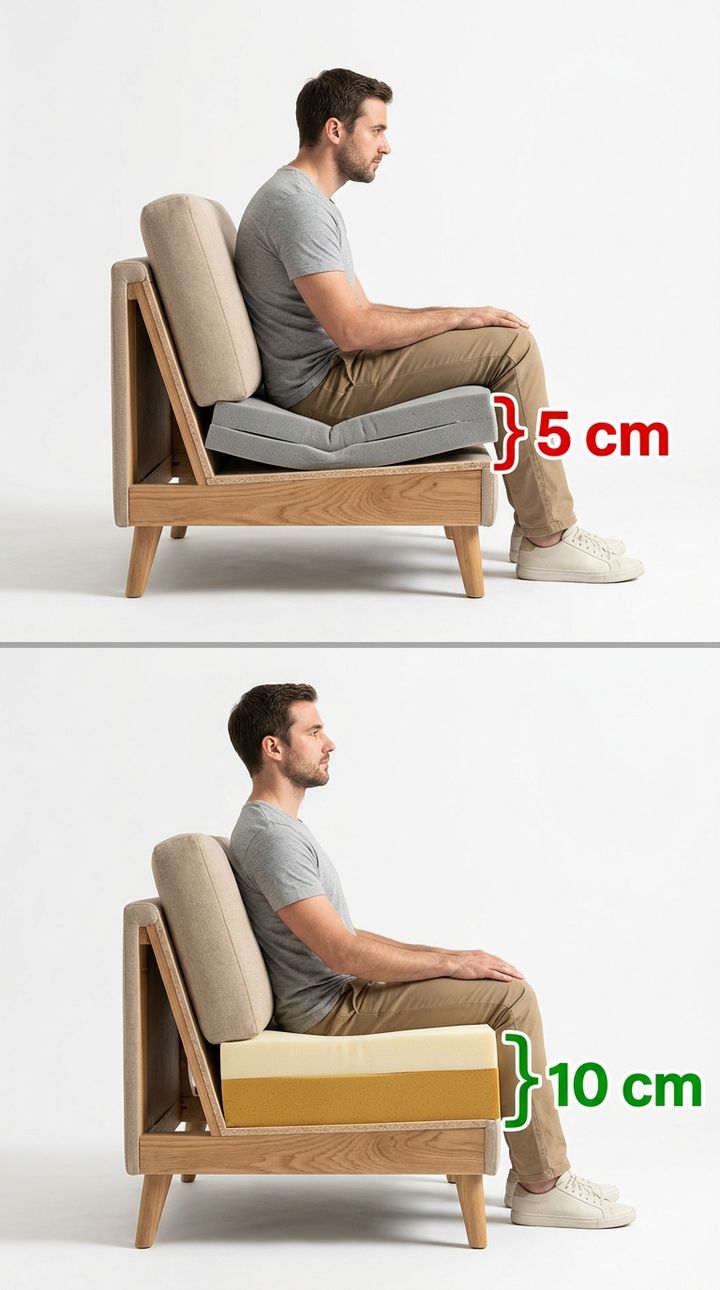 Comparação no mesmo sofá: em cima, espuma de 5 cm afundando com a pessoa sentada; embaixo, espuma de 10 cm em duas camadas, firme embaixo e macia em cima, que não afunda